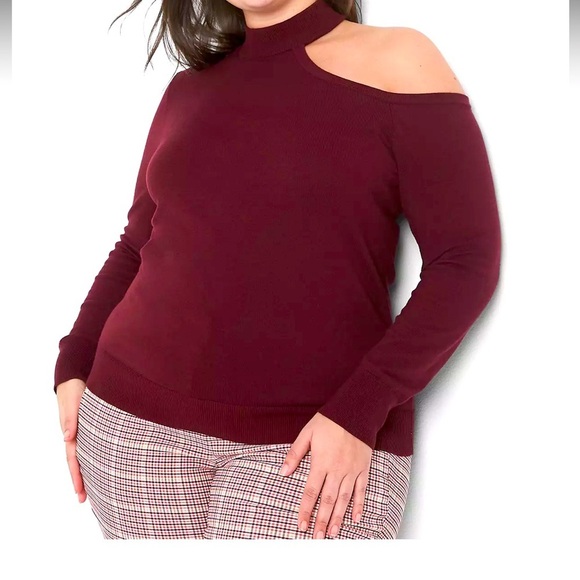 Lane Bryant Tops - Lane Bryant Fitted Mock-Neck Cutout Pullover Sweater burgundy